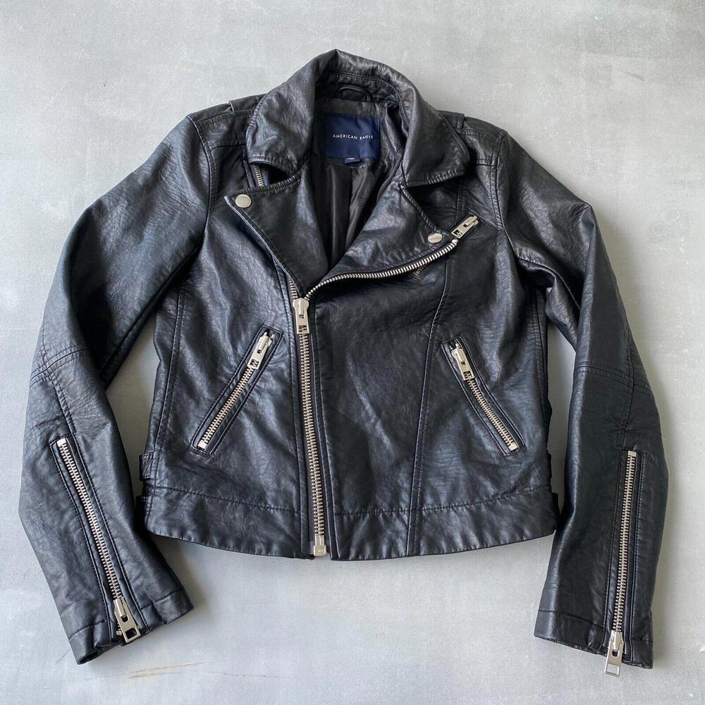 American Eagle Jacket Womens Small Black Moto Faux Leather retro
